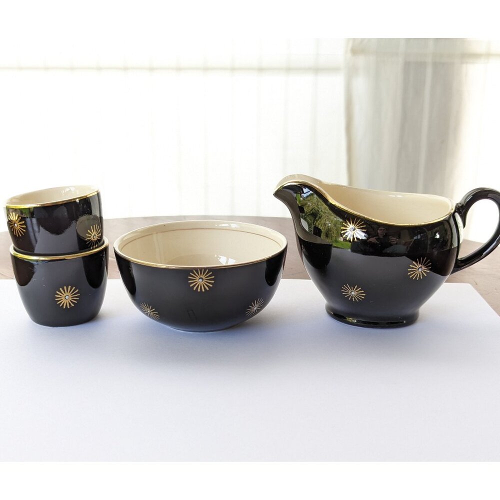 MCM Alfred Meakin Midnight star sugar and creamer, eggcups breakfast table